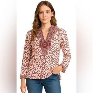 Sweet Lily Red White Embroidered Beaded Tunic Top Size Small